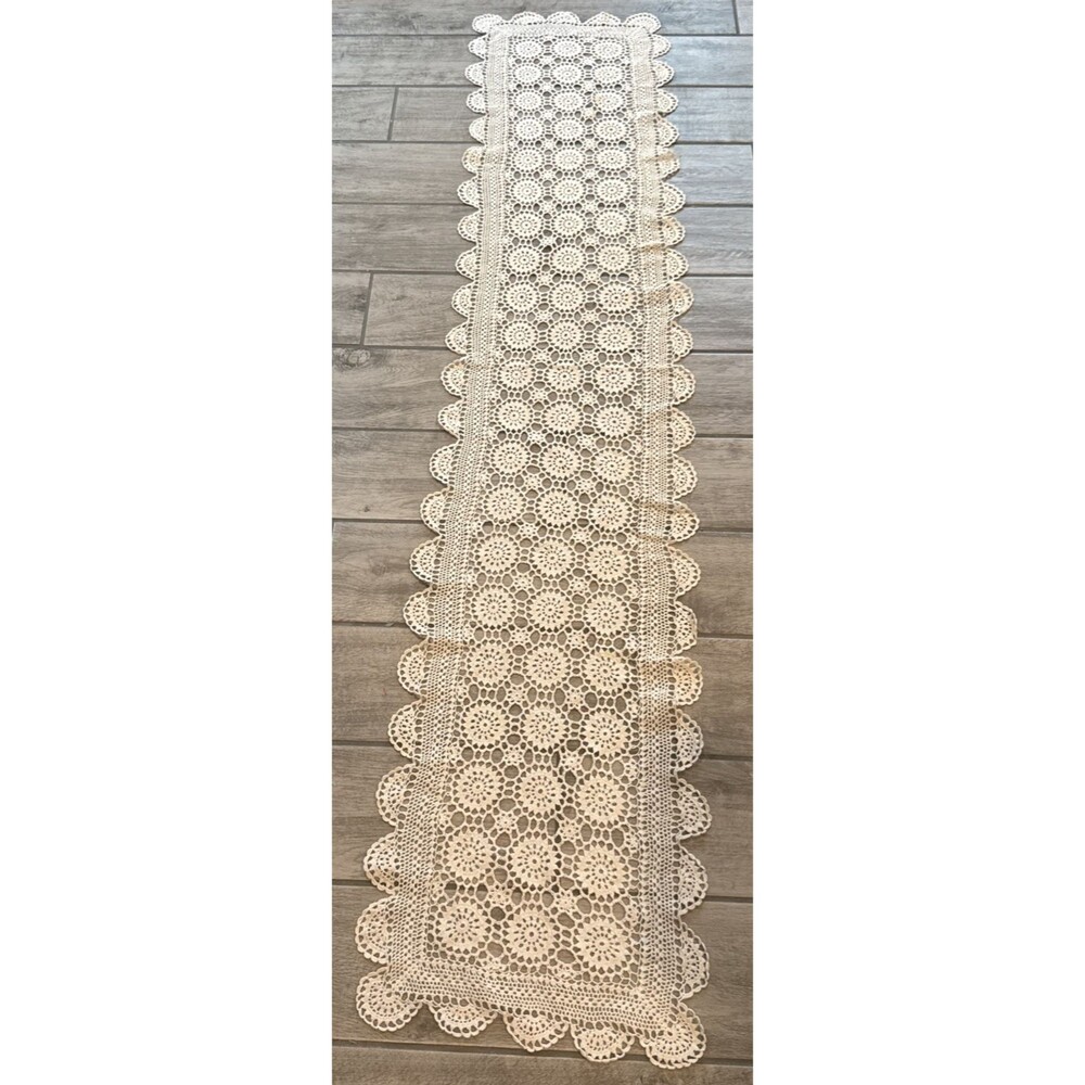 Vintage Crochet Lace Table Runner 71” Ivory Handmade Farmhouse Shabby Chic